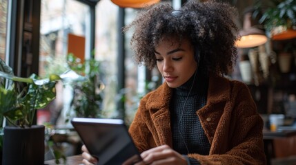 Poster - A woman wearing a brown coat is looking at a tablet