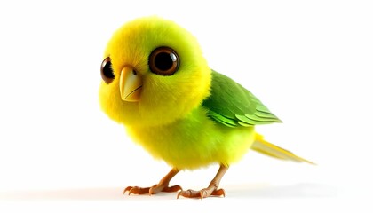 The image is a 3D rendering of a small yellow bird with big, round eyes. The image has a cartoon-like quality to it.