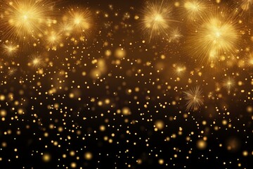 Poster - festive golden fireworks exploding with sparkling bokeh effect on a dark background, creating a cele