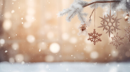 Christmas ornaments made from natural materials hanging from snowy branches. Branch with eco Christmas ornaments with snow and defocused lights background