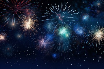 Poster - Bright and colorful fireworks exploding against a dark night sky, creating a festive and celebratory atmosphere