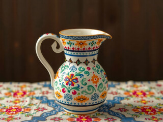 Wall Mural - A colorful pitcher with flowers painted on it sits on a table. The pitcher is made of white ceramic and has a blue and yellow design. The tablecloth underneath the pitcher is colorful