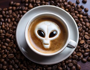 Wall Mural - Cup of Coffee with Alien Face Art in Foam