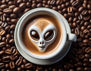 Wall Mural - Cup of Coffee with Alien Face Art in Foam