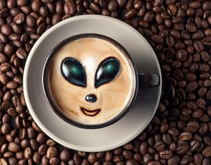 Wall Mural - Cup of Coffee with Alien Face Art in Foam