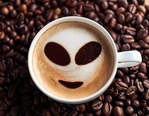 Wall Mural - Cup of Coffee with Alien Face Art in Foam