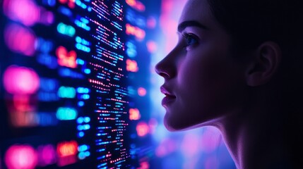 Aufkleber - A woman is looking at a computer screen with a lot of numbers