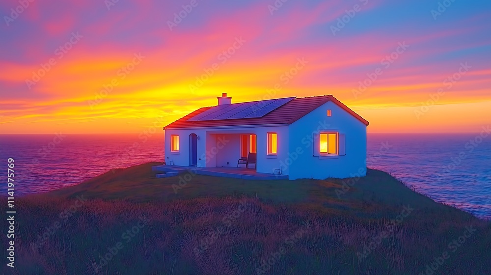 Peaceful Seaside Residence Design Reference: Coastal Sunset Haven Idyllic Seaside Cottage Illuminated At Sunset
