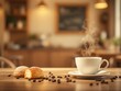 © TimosBlickfang - Steaming cup of coffee with pastries on wooden table, cozy café setting, warm morning breakfast, fresh coffee and croissants, aromatic coffee beans, peaceful coffee shop ambiance.