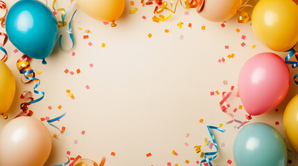 Festival, carnival or birthday party frame with balloons, streamers and confetti in creamy beige background