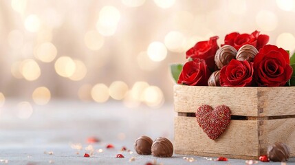 Wall Mural - A beautiful arrangement of red roses and chocolates in a wooden box, perfect for romantic occasions with a soft, dreamy background.