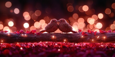 Wall Mural - Two birds are kissing on a branch surrounded by rose petals and soft, glowing lights, creating a romantic atmosphere.