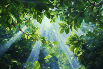 Poster - A rainforest canopy seen from above, with sunbeams piercing through misty green treetops