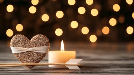 Wall Mural - A romantic scene featuring a heart-shaped decoration and a lit candle, set against a backdrop of soft bokeh lights.