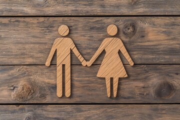 Wall Mural - Wooden figures of a couple holding hands on a rustic wooden background symbolize love, unity, and partnership.