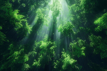 Wall Mural - A rainforest canopy seen from above, with sunbeams piercing through misty green treetops