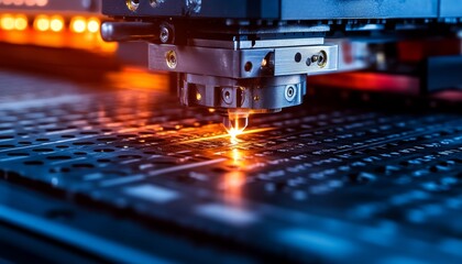 Poster - cnc milling machine cutting circuit board, industrial manufacturing of electronic components.