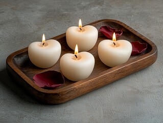 Canvas Print - Four heart-shaped candles glow gently on a wooden tray, surrounded by rose petals, creating a serene and romantic atmosphere.