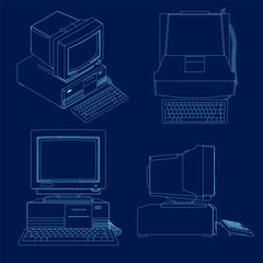 Poster - Vector Illustration of set contour retro personal computer