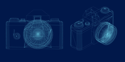 Poster - Photo camera wireframe set. Front, isometric view. Vector illustration