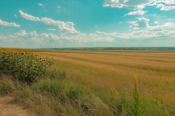 Poster - A panoramic view of a sunflower field stretching into the horizon under a bright blue sky