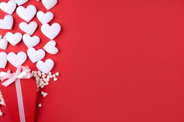 Poster - Valentine's day composition with white hearts spilling from red gift box on red background with copy space
