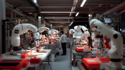 Poster - robotic arms assembling components in a modern factory during the day
