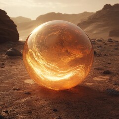 Wall Mural - A glowing, living energy orb on the surface of Mars, with subtle, swirling internal motion as if it is slowly devouring energy