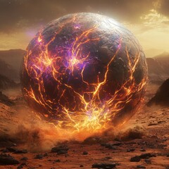 Wall Mural - A glowing, living energy orb on the surface of Mars, with subtle, swirling internal motion as if it is slowly devouring energy