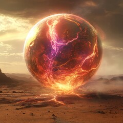 Wall Mural - A glowing, living energy orb on the surface of Mars, with subtle, swirling internal motion as if it is slowly devouring energy