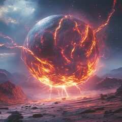 Wall Mural - A glowing, living energy orb on the surface of Mars, with subtle, swirling internal motion as if it is slowly devouring energy