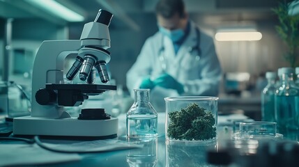 Poster - A photograph of laboratory glassware filled with various hemp extracts set on a clinical examination table with a blurred doctor figure visible in the background