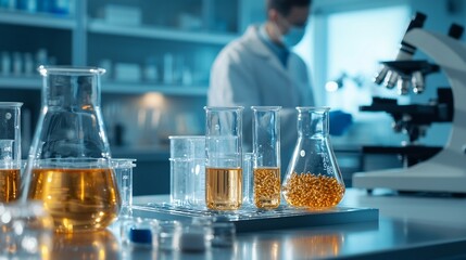 Poster - A photograph of laboratory glassware filled with hemp extracts set on a clinical table with a blurred doctor in the background