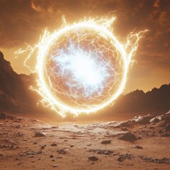 Wall Mural - A glowing, living energy orb on the surface of Mars, with subtle, swirling internal motion as if it is slowly devouring energy