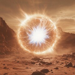 Wall Mural - A glowing, living energy orb on the surface of Mars, with subtle, swirling internal motion as if it is slowly devouring energy