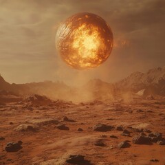 Wall Mural - A glowing, living energy orb on the surface of Mars, with subtle, swirling internal motion as if it is slowly devouring energy