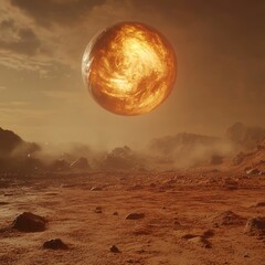 Wall Mural - A glowing, living energy orb on the surface of Mars, with subtle, swirling internal motion as if it is slowly devouring energy