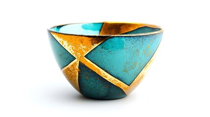 Wall Mural - Turquoise and gold abstract geometric shapes on a ceramic bowl isolated on a clean white background, blending vibrant colors with modern design