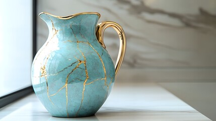 Wall Mural - Turquoise ceramic jug with gold-infused cracks in a minimalist bathroom, highlighting the fusion of traditional art and modern bathroom decor