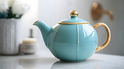 Wall Mural - Turquoise ceramic teapot with golden seams in a minimalist bathroom, blending ancient Japanese techniques with modern bathroom aesthetics