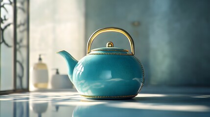 Wall Mural - Turquoise ceramic teapot with golden seams in a minimalist bathroom, blending ancient Japanese techniques with modern bathroom aesthetics