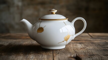 Wall Mural - White porcelain teapot with golden repairs on a rustic wooden table, blending antique Japanese art with contemporary kitchen decor