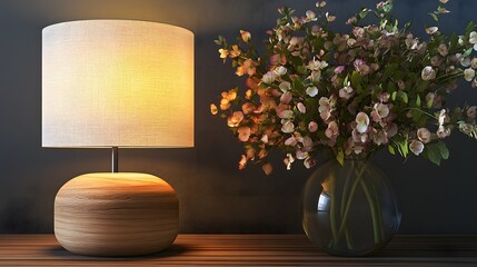 Wall Mural - Wooden table lamp paired with a vase of fresh flowers on an isolated background, representing natural and simple home decor