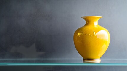 Wall Mural - Yellow porcelain vase with gold restoration on a sleek glass shelf, representing the intersection of traditional craftsmanship and modern design