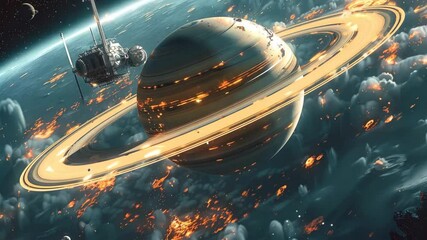 Wall Mural - a space scene with a large planet and a space shuttle. the planet is surrounded by a lot of fire and
