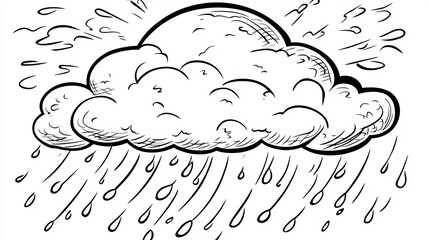 Wall Mural - vector style coloring page featuring a cloud with rain outlined in bold black lines