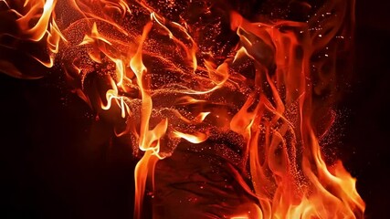 Poster - A close up of a fire with a lot of sparks and smoke. The fire is orange and the smoke is black. Scene is intense and dramatic