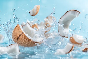 Wall Mural - Delicious coconut halves splashing into transparent water on blue background