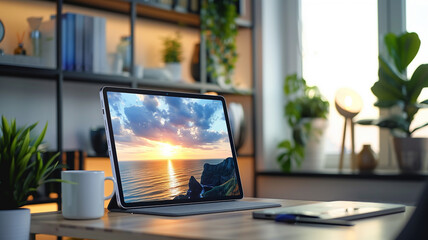 Fototapete - This digital screen shows a coastal sunset with waves, while greenery decorates a cozy workspace.