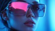 © Andrii Savchuk - Close-up of a woman wearing pink futuristic glasses under blue neon lighting